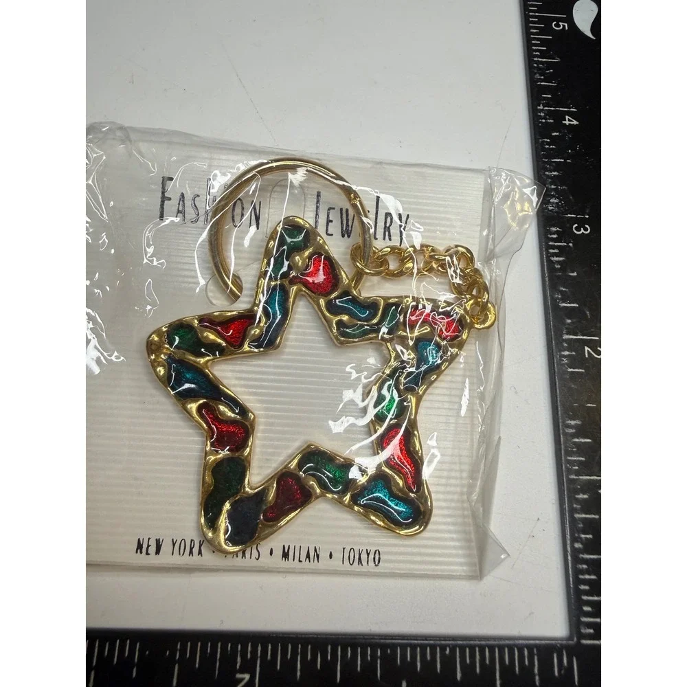 Vintage Multi Color Enamel Star Keychain Gold Tone Retro New Old Stock Bag Charm